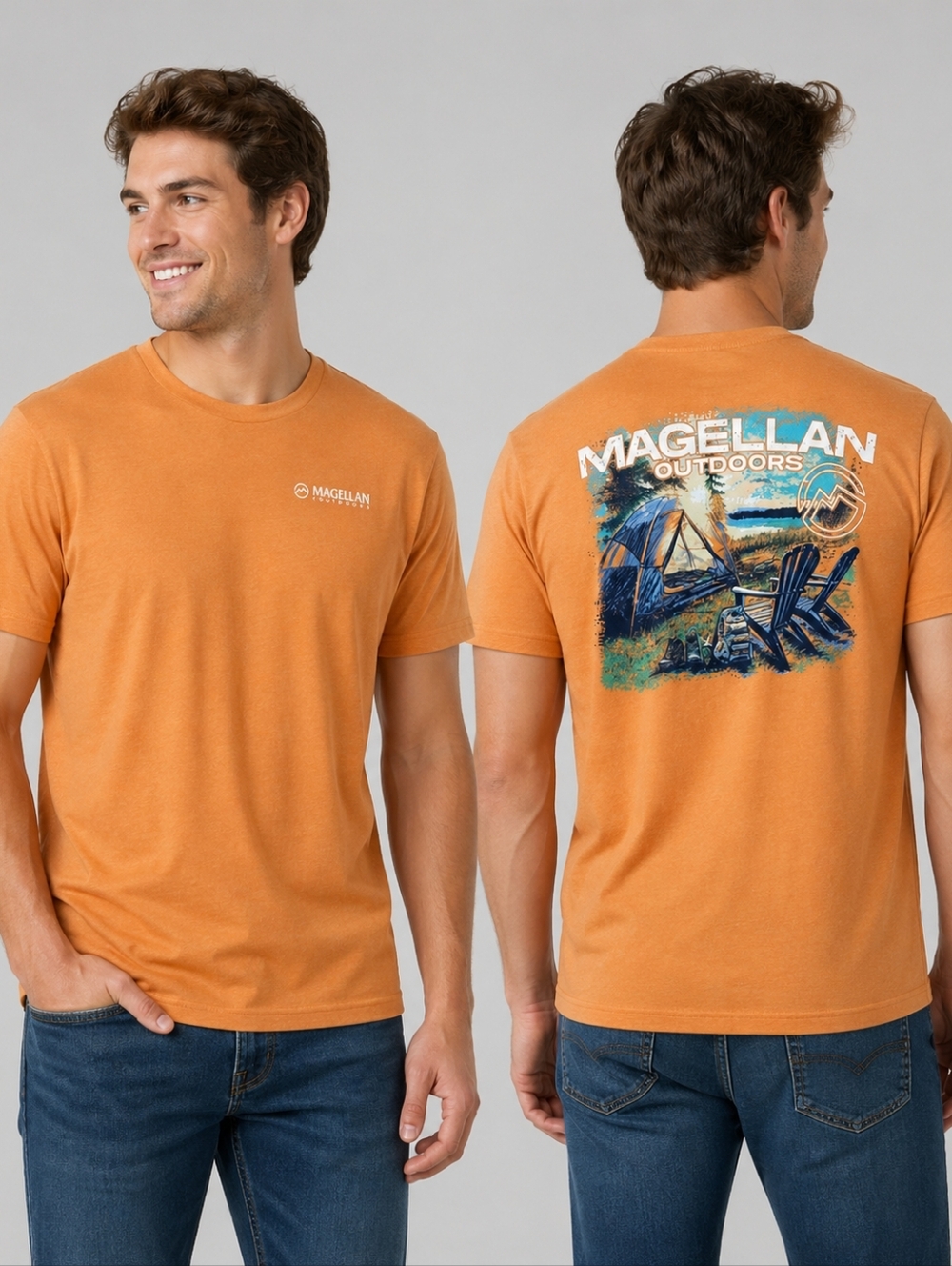 Magellan Outdoors Mens Rust Orange Tent Camping Graphic T-Shirt M Gorpcore Tee